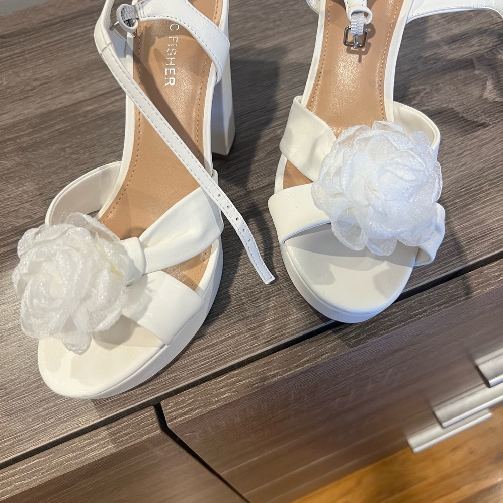 Marc Fisher White Heeled Sandals with Floral Accent